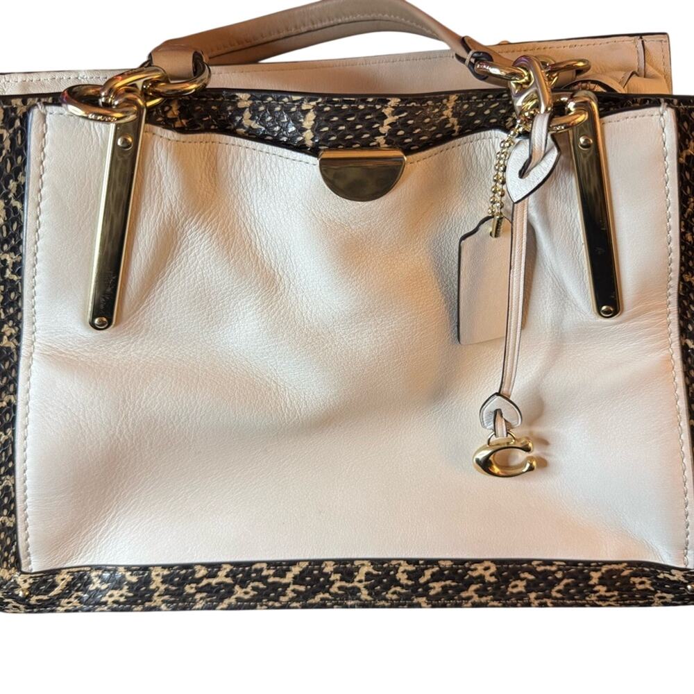 Coach White & Black Satchel with Animal Print Accents & Gold Hardware